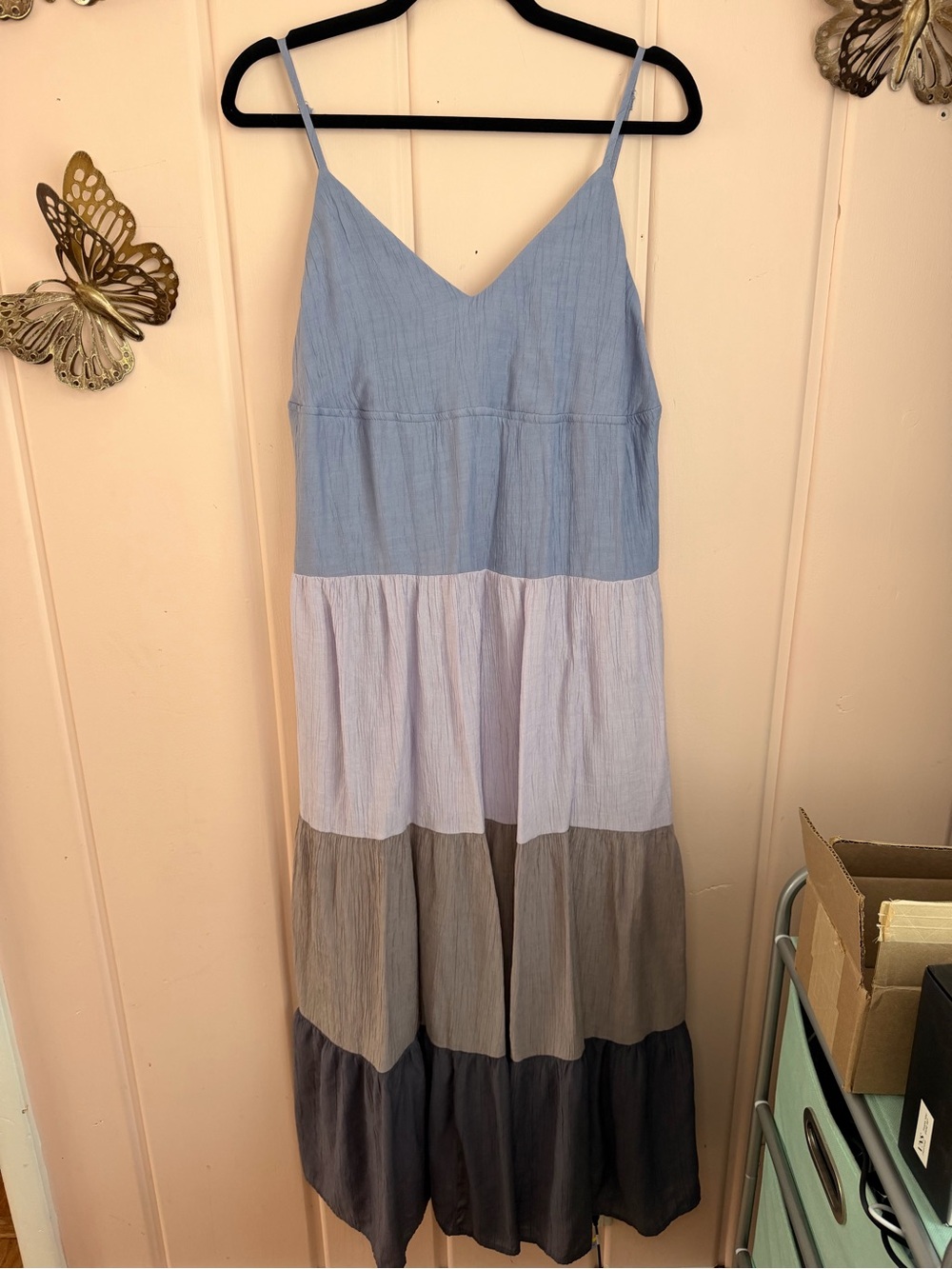 Hem & Thread Tiered Spaghetti-Strap Maxi in Blue & Gray Tones szM